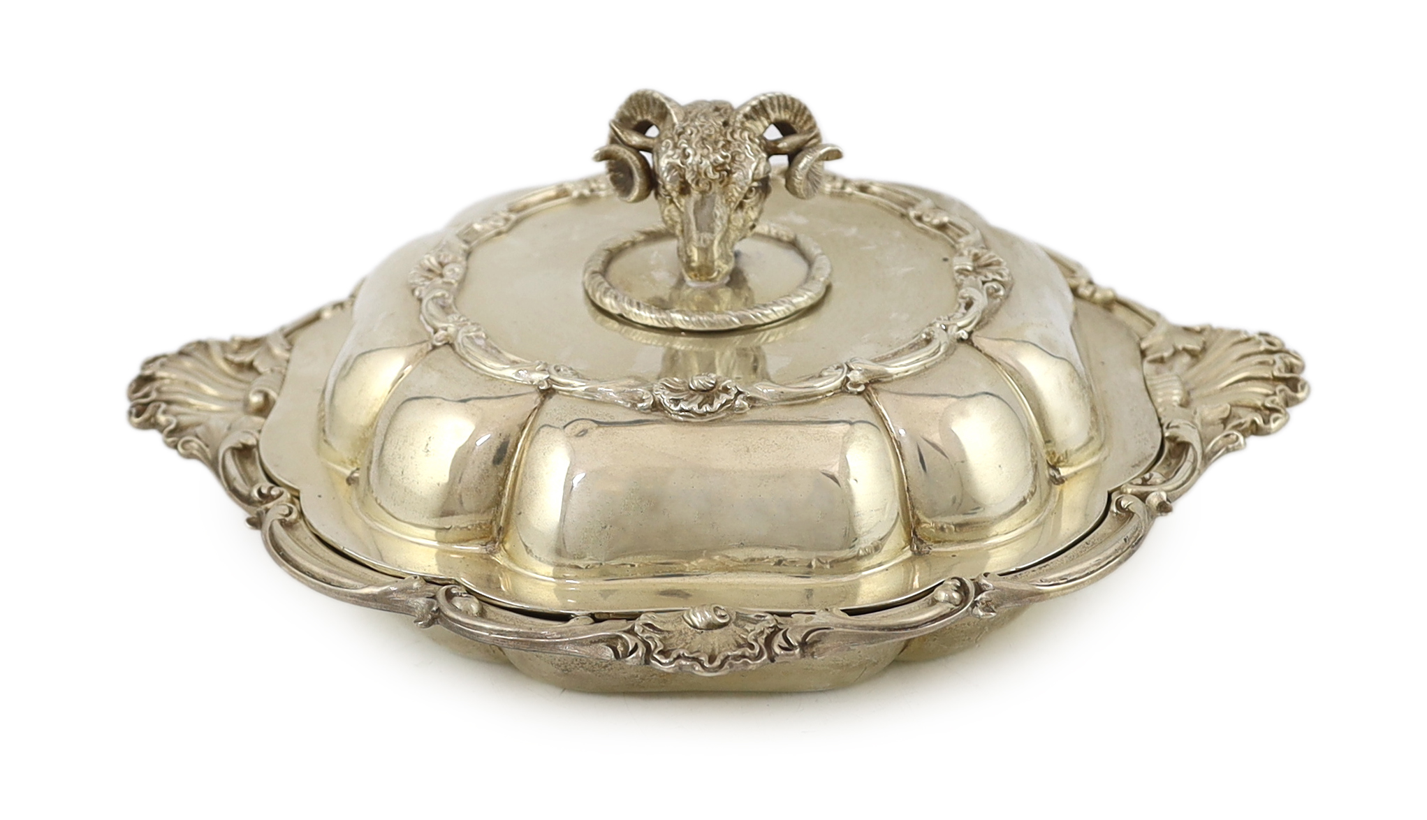 A Victorian ornate silver entree dish and cover with ram's head handle, by John Samuel Hunt (Hunt & Roskell ex. Storr & Mortimer)